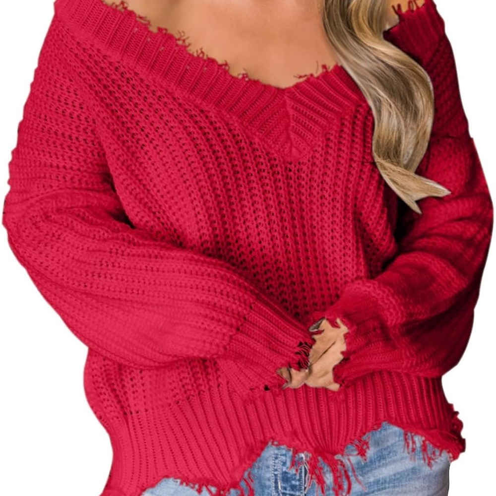 Main Strip Red Distressed V-Neck Sweater